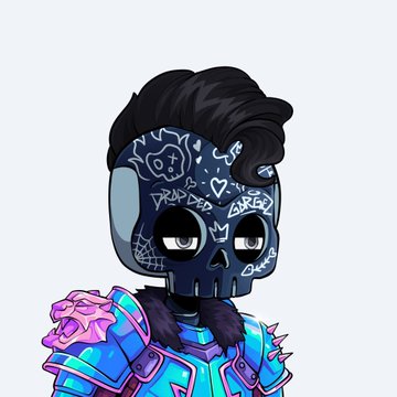 A stylized cartoon character with a dark blue skull face covered in white graffiti-style markings wears vibrant blue and purple cyberpunk armor.