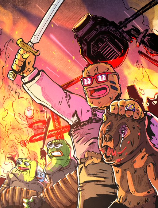 A vibrant comic-style illustration featuring a character with a furry hat, pink shirt, and sunglasses wielding a sword and what appears to be a gun, accompanied by other cartoon creatures in a fiery, action-packed scene.