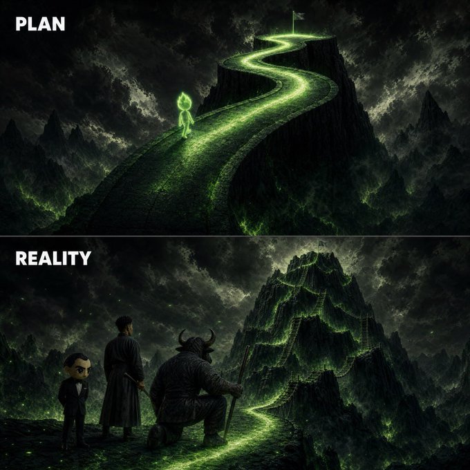 A two-panel meme contrasting "PLAN" (top) showing a glowing green path leading up a smooth mountain to a flag, with "REALITY" (bottom) showing figures including a horned warrior facing a treacherous, jagged green-lit peak—satirizing how crypto traders envision a straightforward rally for $ANSEM versus the difficult climb bulls must actually endure.