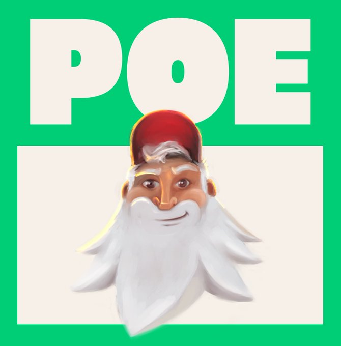 A graphic featuring the word 'POE' in large white letters on a green background above an emoji-style character with a long white beard and red hat.