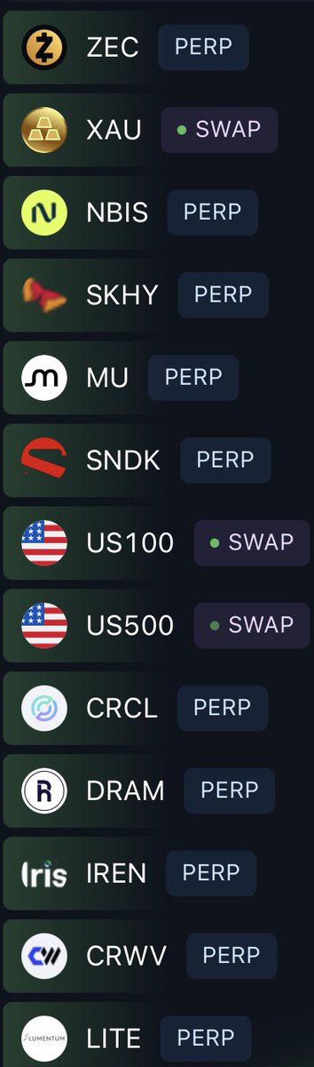 A trading app interface listing tickers ZEC, XAU, NBIS, SKHY, MU, SNDK, US100, US500, CRCL, DRAM, IREN, CRWV, and LITE with PERP or SWAP tags.