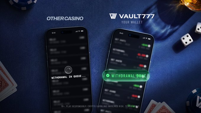 The image shows two smartphones side by side comparing withdrawal experiences: "OTHER CASINO" displays "WITHDRAWAL IN QUEUE..." while "VAULT777 YOUR WALLET" shows a green "WITHDRAWAL DONE" notification, surrounded by casino chips and dice. This visual reinforces the post's frustration about delayed withdrawals, contrasting slow competitor processing times with Vault777's instant transaction completion.