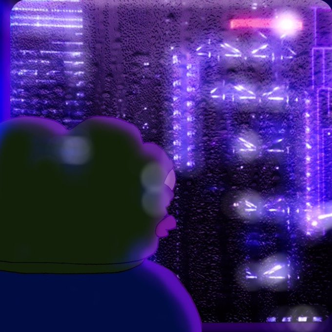 A cartoon figure with greenish skin stands at the left, staring in stunned silence through a rain-spattered window at a bustling city skyline glowing in vibrant purple and blue neon lights. The nighttime urban scene evokes the energy of a bull market, amplifying the "wait, you didn't press the buy button?" sentiment as the figure watches the excitement unfold from afar.