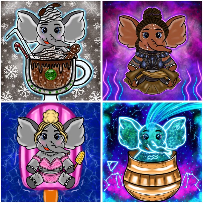 A four-panel illustration features cartoon-style baby elephants in various themed settings, including a hot cocoa mug, a cosmic background, a popsicle, and a cauldron.