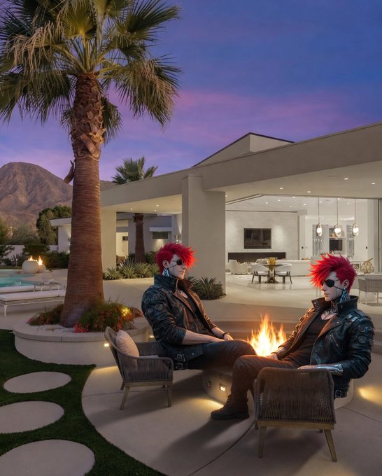 A surreal AI-generated image of two identical red-haired figures in black leather outfits and sunglasses sitting by a fire pit in the courtyard of a modern luxury home at dusk.