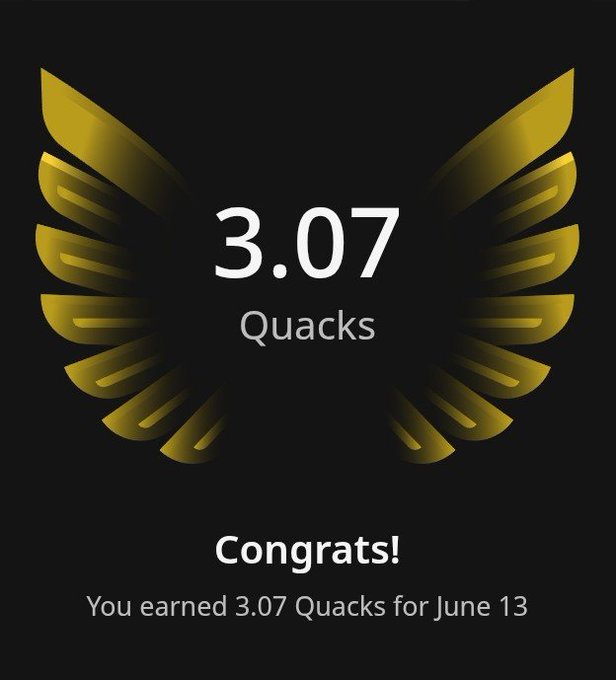 The image shows a gold-colored trophy with the text "Congratulations! You earned 3.07 Quacks for June 13". The trophy has wings, which are yellow and black, giving it an elegant appearance. The text indicates that the user has achieved a rank of 208 in Quacks, and they have been awarded 3.07 Quacks as a reward.