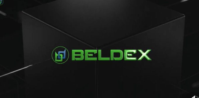 A dark 3D promotional graphic displaying the 'BELDEX' logo in green text on a black cube, representing the Beldex cryptocurrency project.