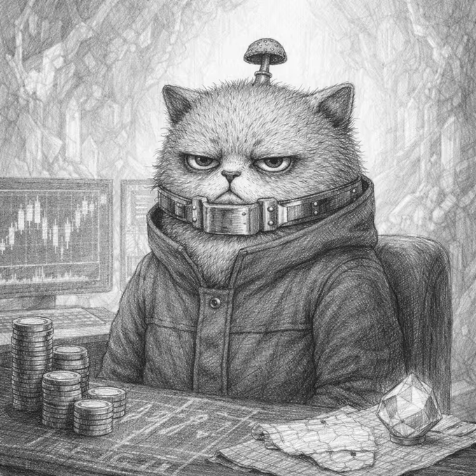 A detailed pencil sketch of a grumpy-looking cat wearing a collared jacket with a metal collar, sitting at a desk with stacks of coins, financial charts, papers, and a crystal ball.