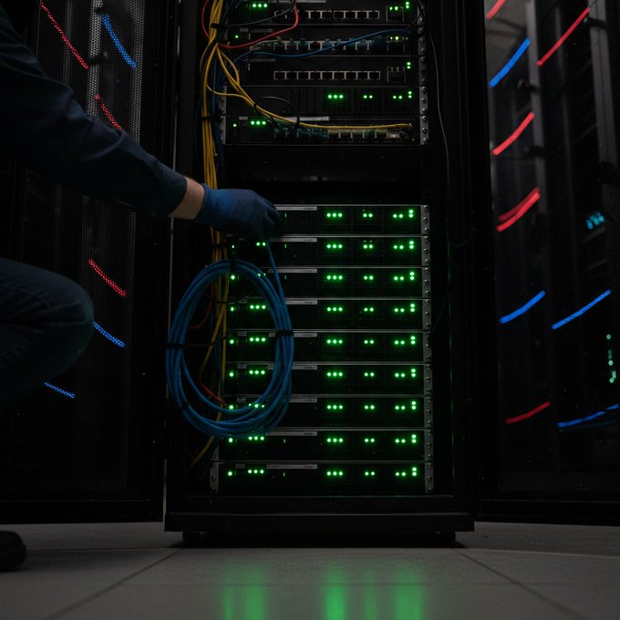 A technician wearing blue gloves works on a server rack in a dark data center, with cables and blinking green and red lights visible.