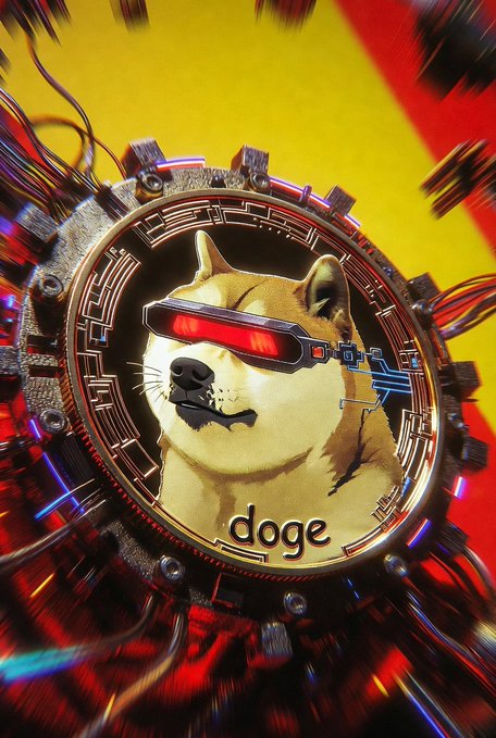 A stylized, cyberpunk-themed illustration of a Shiba Inu dog wearing red glowing visor glasses inside a circuit-board frame, with the word 'doge' written below.
