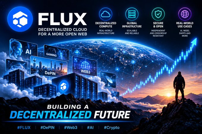 The image is a promotional graphic for FLUX, a decentralized cloud for a more open web, featuring sections like 'Decentralized Compute', 'Global Infrastructure', and 'Secure & Open', with the tagline 'Building a Decentralized Future' and hashtags #FLUX, #DePIN, #Web3, #AI, and #Crypto.