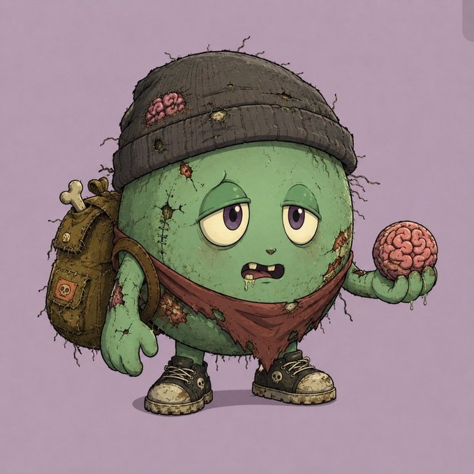 A cartoon zombie-like green creature wearing a beanie, red bandana, and skull-adorned backpack holds a pink brain, set against a purple background.
