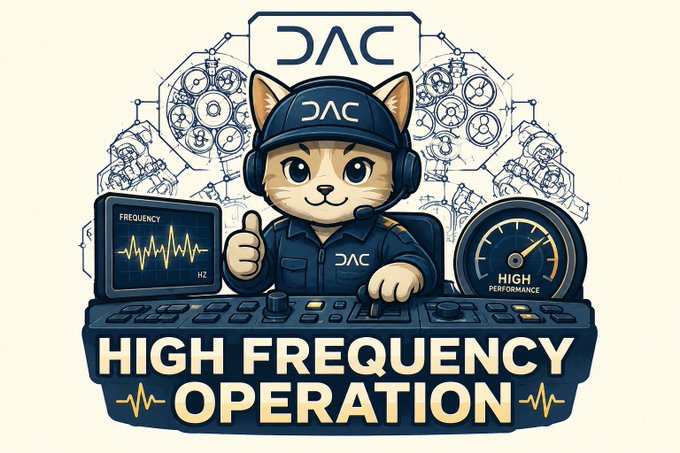 A cartoon illustration features a cat wearing a cap and headphones, labeled 'DAC', giving a thumbs-up while operating audio equipment. The text 'HIGH FREQUENCY OPERATION' appears prominently below, with a 'FREQUENCY HZ' screen and 'HIGH PERFORMANCE' gauge visible.