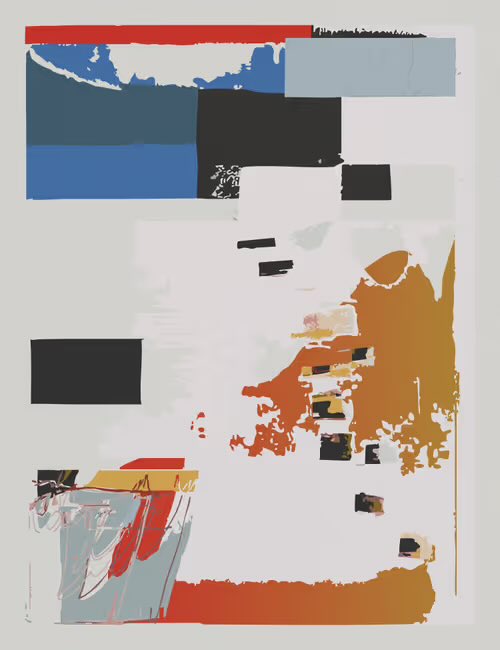 An abstract mixed-media artwork featuring bold geometric color blocks in red, blue, and black, combined with gestural orange paint splatters on a white background.