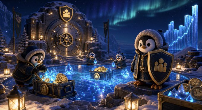 Penguin warriors in fur-lined coats guard treasure chests of glowing coins within a fortified ice fortress beneath the aurora, symbolizing the steady accumulation of $FAMILY LP reserves across 874 AMM deposits, with the central chest representing the 1,060+ XRP controlled in LP and the defensive formation reflecting the 20.54% combined controlled LP safeguarding the treasury.