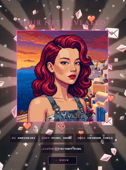 An NFT reveal screen titled 'YOUR NFT REVEALED' showing a pixel-art portrait of a woman with crimson curly hair in a Santorini setting, with traits listed as 'BG SANTORINI', 'BODY PEARL DROP', 'HAIR CRIMSON CURLS', and 'CLOTHES FACTORY GIRL'.