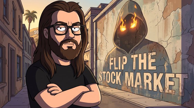A cartoon-style illustration of a bearded man with glasses standing with arms crossed in front of a graffiti mural that reads 'FLIP THE STOCK MARKET' with a hooded figure having flame eyes.