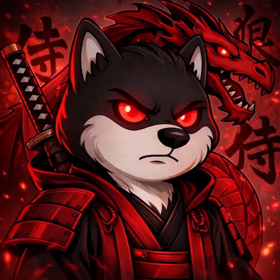 The image features a black and white dog wearing a red outfit, holding a sword with a dragon on its back. The background of the image is red with Chinese characters that read "大阪山", which translates to "fire". The text also mentions that the remaining $Manyu family members are getting burnt by the end of May and that they're gone forever. This suggests that the dog's outfit, sword, and dragon motifs might be inspired by a popular video game or franchise involving dragons and warriors.