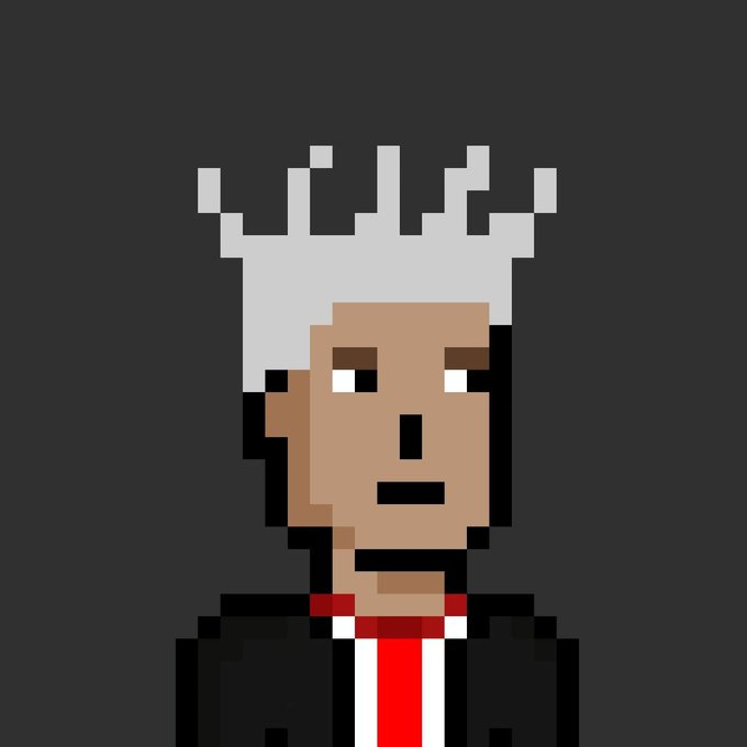 A pixel art portrait of a character with spiky white hair and a black outfit with a red and white scarf, set against a dark gray background. The image aligns with the post's promotion of the RockGuardians NFT collection, likely representing one of the stylized characters from the Rockateral project.