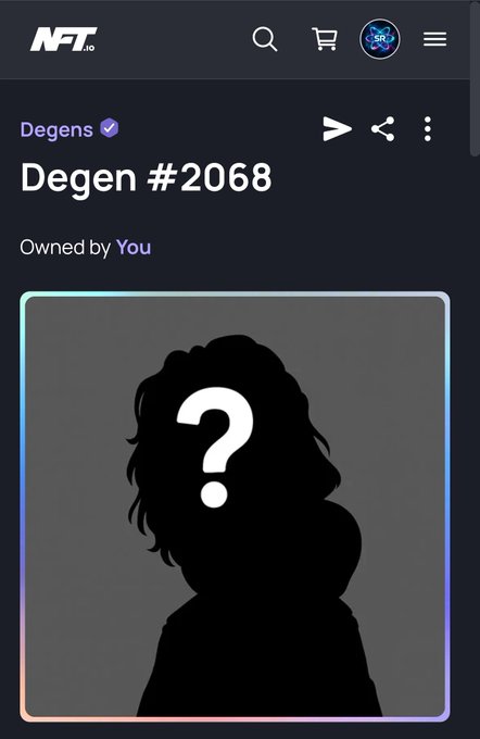 A screenshot from NFT.io shows a profile for 'Degens' collection, displaying a placeholder silhouette with a question mark for 'Degen #2068'.