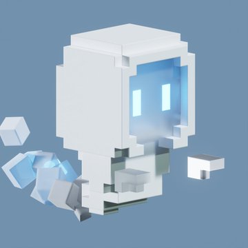 A 3D voxel-style model of a small, white, blocky robot with glowing blue eyes and floating cubic fragments around it.