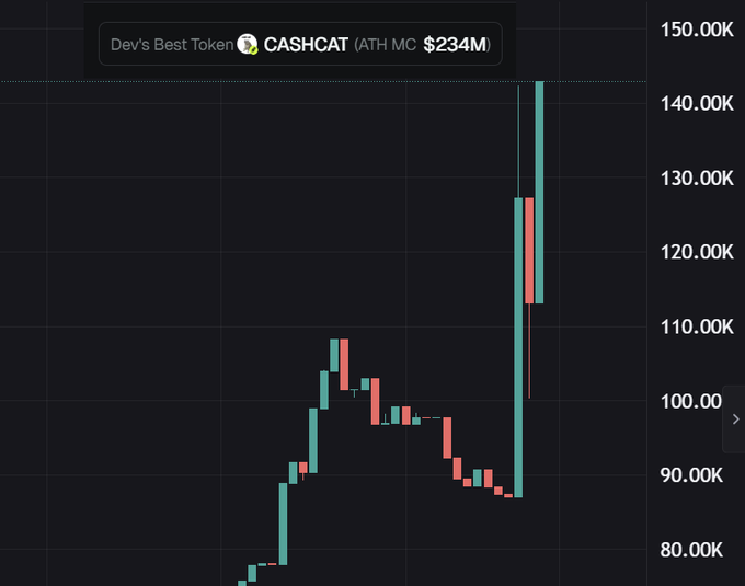 A candlestick chart shows $CASHCAT pumping from approximately $70K to $150K market cap, with the annotation "Dev's Best Token CASHCAT (ATH MC $234M)" highlighting the dramatic upward price movement that the post identifies as a beta play opportunity connected to $SHR.