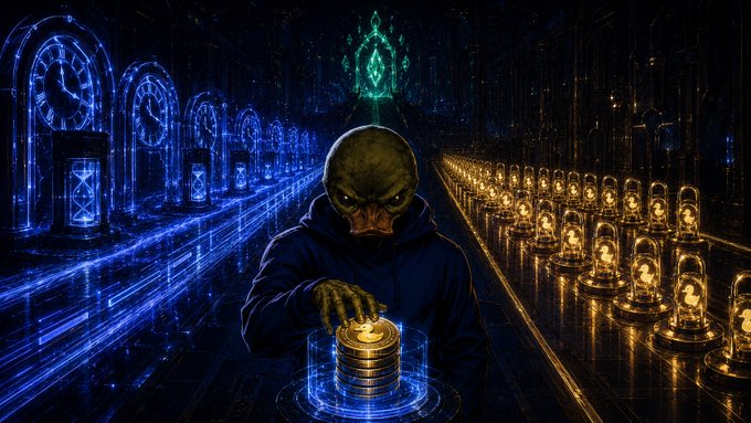 A dark fantasy digital artwork depicts a hooded figure with a skull-like face stacking gold coins, surrounded by glowing blue clocks on one side and rows of illuminated glass domes on the other.