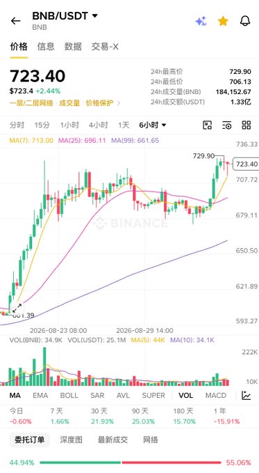 A Binance trading chart showing BNB/USDT priced at $723.40, up 2.44% from $723.4, with a candlestick chart on the 6-hour timeframe and moving averages (MA7: 713.00, MA25: 696.11, MA99: 661.65). The chart shows BNB has rebounded to a high of 729.90 before pulling back, visually confirming the post's observation of the short-term rally facing selling resistance near the 730 level.