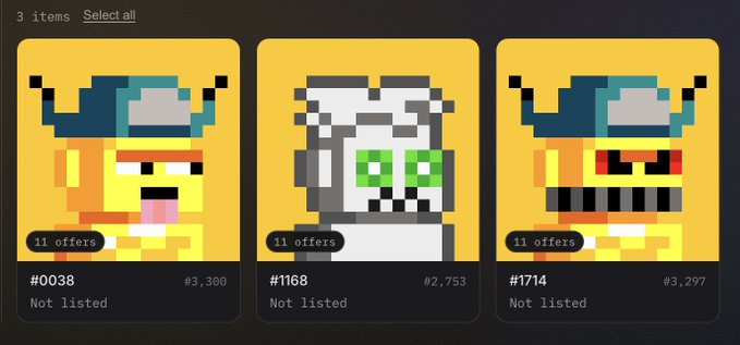 The screenshot shows a marketplace listing of three pixel-art NFTs with items "#0038," "#1168," and "#1714," each priced at #3,300, #2,753, and #3,297 respectively, with 11 offers on each—illustrating a collection of Zcash (ZEC) themed pixel art that the poster minted and is now gifting to followers.