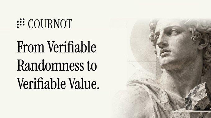 The image features a Cournot branded graphic with a classical marble statue bust alongside the tagline "From Verifiable Randomness to Verifiable Value." This visually represents Cournot's evolution beyond simple randomness oracles toward a more sophisticated system capable of assessing complex, multi-faceted assets like collectibles—aligning with the post's emphasis on RWAs requiring nuanced valuation across multiple inputs rather than a single price point.
