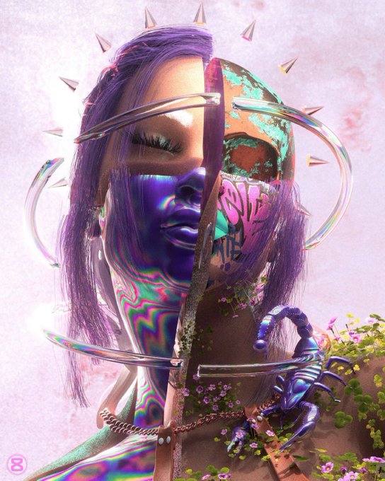 A vibrant, surreal 3D-rendered portrait of a figure with split features—one half a human face with purple hair, the other half a metallic, graffiti-covered mask—surrounded by sharp spikes, a metallic scorpion, and floral elements.