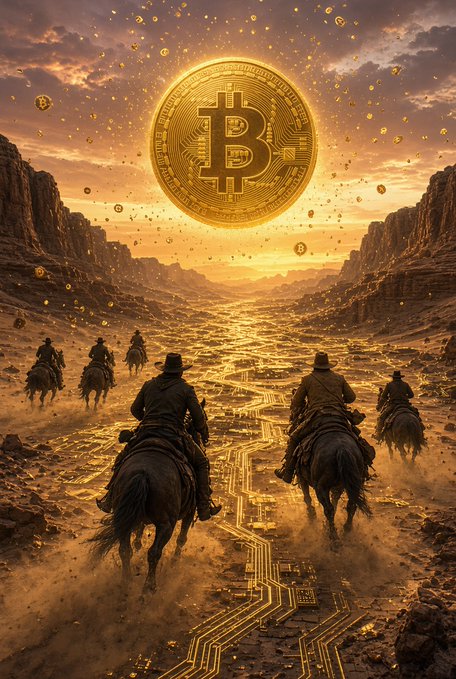 Cowboys on horseback ride through a sun-scorched canyon toward a massive, glowing Bitcoin coin emblazoned with the iconic "₿" symbol, reflecting the "digital gold rush" with the ground illuminated by golden circuit-like trails. The Western frontier setting reimagines prospectors chasing precious metal as modern-day riders pursuing cryptocurrency wealth.
