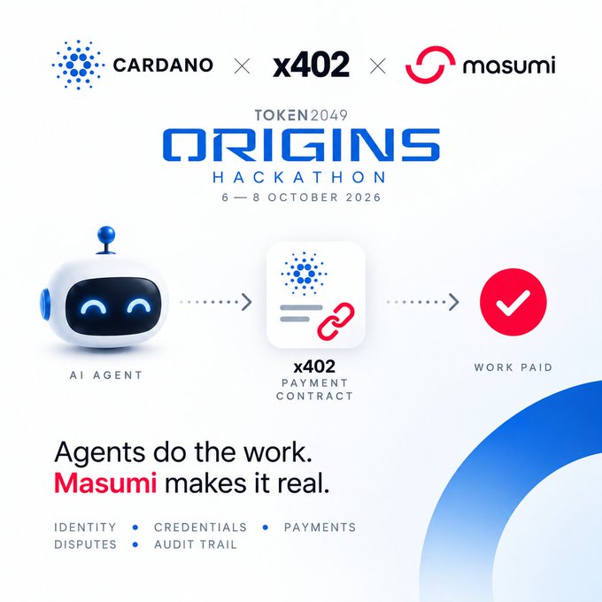 A promotional graphic for the 'TOKEN 2049 ORIGINS HACKATHON' (6-8 October 2026), featuring the logos of Cardano, x402, and Masumi, along with an illustration showing an AI agent leading to a payment contract resulting in 'WORK PAID' and the tagline 'Agents do the work. Masumi makes it real.'