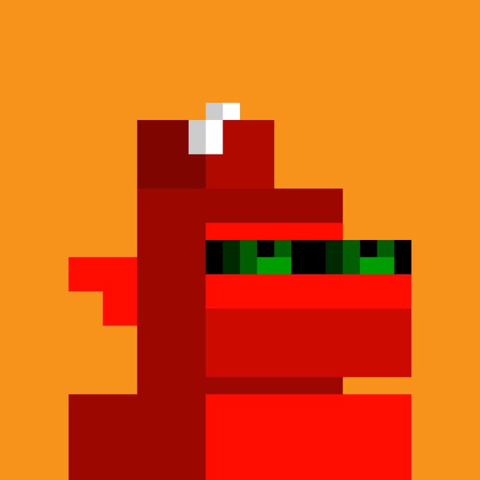 A pixel art illustration on an orange background showing a red character with green eyes.