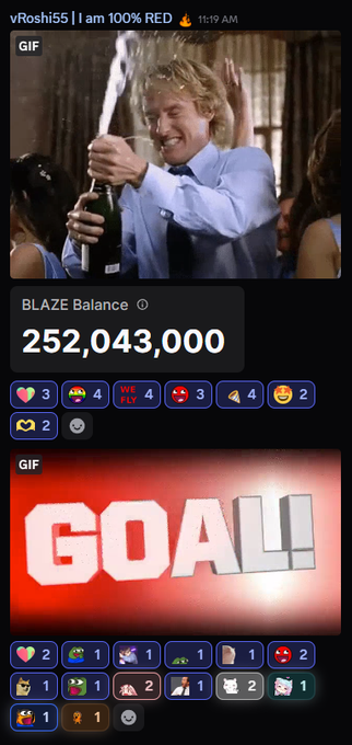 A mobile app screen showing a 'BLAZE Balance' of 252,043,000 with GIFs and reaction emojis posted by 'vRoshi55'.