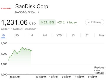 A Robinhood stock chart shows SanDisk Corp (SNDK) soaring 21.18% to $1,231.06 on July 30, with the intraday graph displaying a sharp vertical spike from around $1,050 — perfectly illustrating the viral "POV bro liquidates his $45b portfolio" meme, where an explosive single-day gain suggests the entire portfolio was concentrated in a single meme-stock-like position.