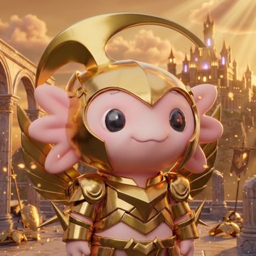 A 3D-rendered pink axolotl character wears golden armor, standing before a glowing fantasy castle.