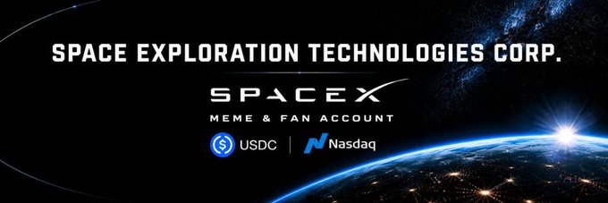 The image features a banner with a black background, displaying the text "Space Exploration Technologies Corp." along with an illustration of Earth and the moon. The banner also includes a link to a USDC meme and a fan account for SPCX.