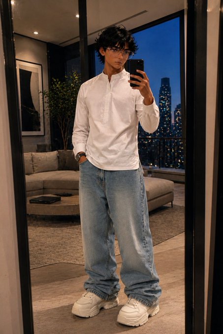A young man takes a mirror selfie in a stylish high-rise apartment, wearing a white half-zip pullover, baggy light-wash jeans, and chunky white sneakers. The nighttime cityscape with illuminated skyscrapers is visible through the floor-to-ceiling window behind him.