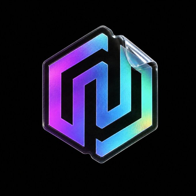 A holographic hexagonal sticker with a peeled corner reveals an iridescent, rainbow-sheen design featuring interlocking stylized letters resembling "W" and "V" against a black background, complementing the post's claim that this logo design is cuter than others.