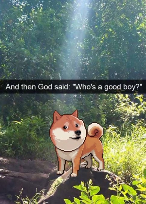 A meme featuring a pixel-art Shiba Inu dog on a rock in a sunlit forest with the caption 'And then God said: "Who's a good boy?"'.