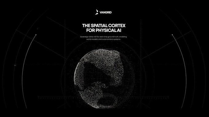 A promotional graphic for VanGrid featuring a wireframe globe and the text 'THE SPATIAL CORTEX FOR PHYSICAL AI', with a tagline about sovereign data and autonomous systems.