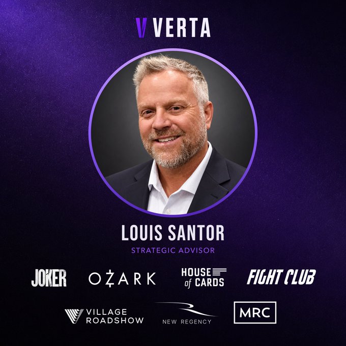 Profile card for Louis Santor, Strategic Advisor at 'V VERTA', displayed with a headshot inside a purple circle and logos of associated companies and shows including Joker, Ozark, House of Cards, Fight Club, Village Roadshow, New Regency, and MRC.