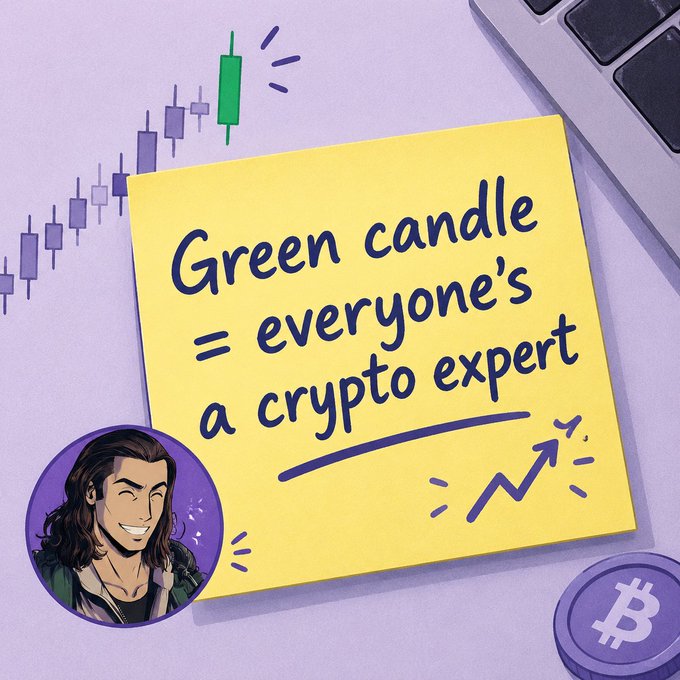 A graphic with a purple background features a yellow sticky note reading 'Green candle = everyone's a crypto expert', accompanied by an illustrated character, a candlestick chart, and a Bitcoin coin.