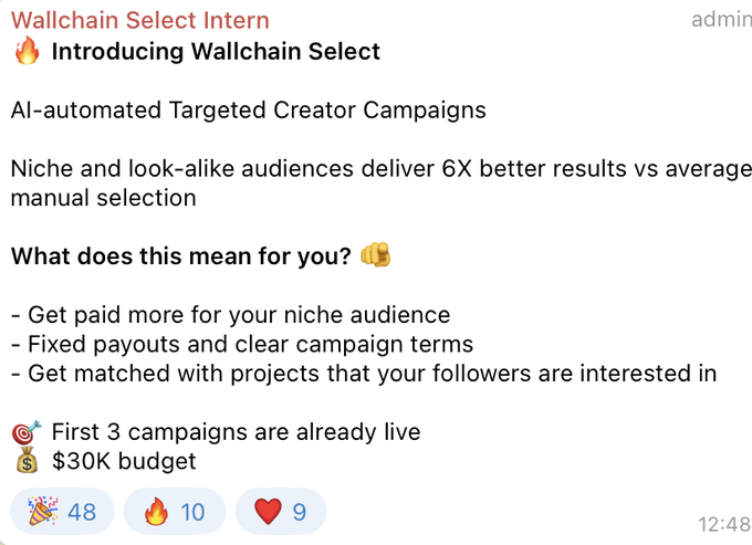 The image shows a screenshot of a social media post about an AI-powered creator campaign, with a caption that reads "Introducing Wallchain Select - Alchain Select AI-powered Targeted Creator Campaigns". The post also includes emojis for a question and a heart symbolizing the importance of the campaign. The text in the image suggests that there are already three live campaigns running on this platform, each with a budget of $10k.