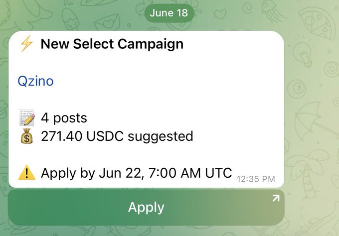 The image shows a text conversation where one person has sent a message about an advertisement for wallchain offers. The conversation includes details such as 4 posts for $271 USDC, a USDC considered suggested, and a message that reads: " Apply by June 22, 7:00 AM USDC." This information seems to be related to a wallchain advertising offer on social media.