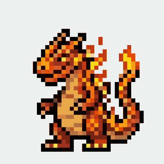 A pixel art illustration of a small orange and yellow fire-breathing dragon character against a white background.