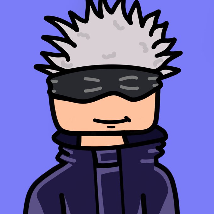 A cartoon character with spiky white hair, a black blindfold, and a dark blue jacket against a light blue background, resembling Gojo Satoru from Jujutsu Kaisen.