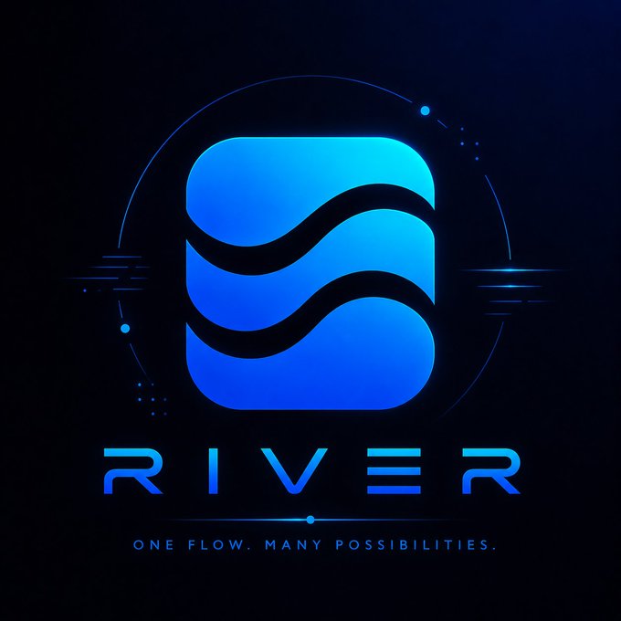 A blue glowing logo for 'RIVER' cryptocurrency with the tagline 'ONE FLOW. MANY POSSIBILITIES.' set against a dark background.