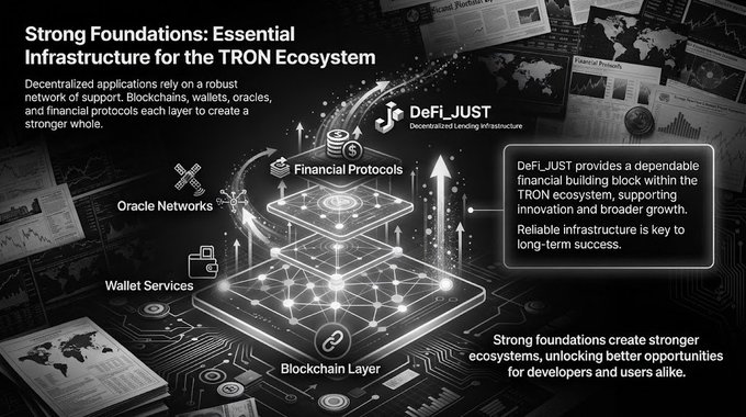 An infographic titled 'Strong Foundations: Essential Infrastructure for the TRON Ecosystem' featuring DeFi_JUST, showing layered diagrams of Blockchain Layer, Wallet Services, Oracle Networks, and Financial Protocols.